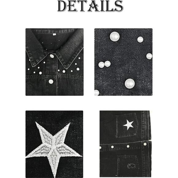 Black Embroidered Oversized Distressed Pearl Beaded Crop Denim Jean Jacket Coat - Picture 8 of 9
